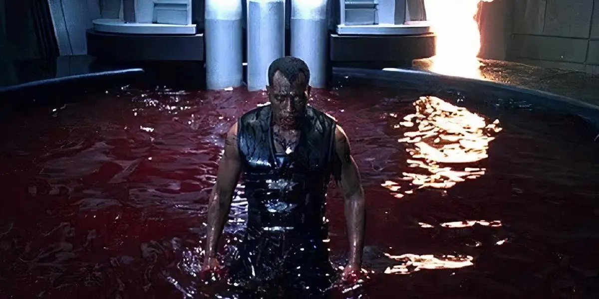 Blade emerges from a pool of blood in Blade II
