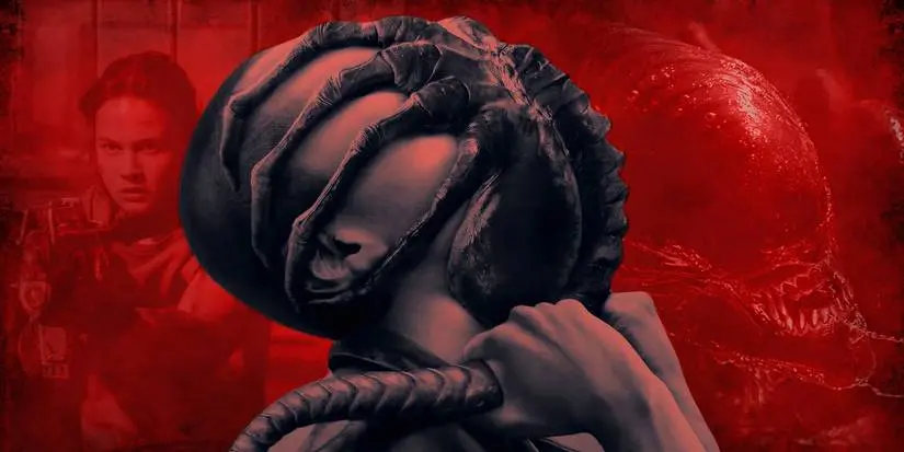 Someone being suffocated by Alien's facehugger with Rain, Andy, and a Xenomorph on a red background