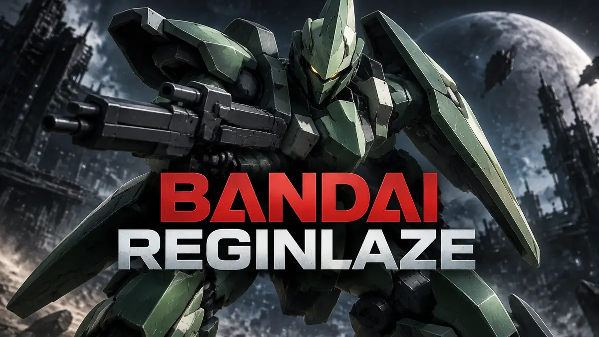 Зелёный мобильный доспех Reginlaze с винтовкой на тёмном фоне в стиле аниме Gundam