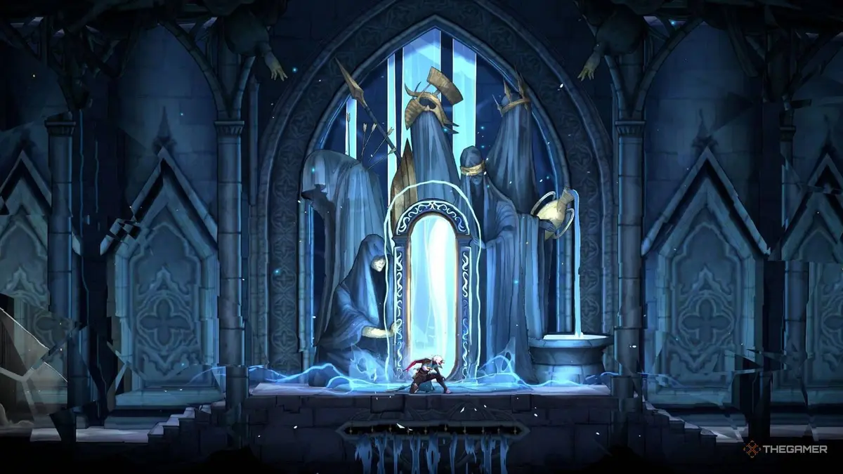 Rose using a mirror to fast-travel in Castlevania: Belmont's Curse.