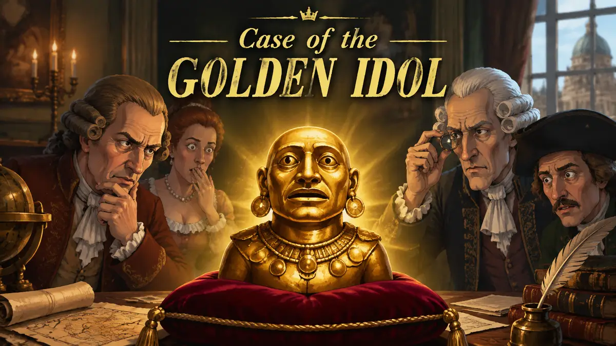 Сияющий Золотой идол в центре на фоне интерьера XVIII века, логотип Case of the Golden Idol сверху