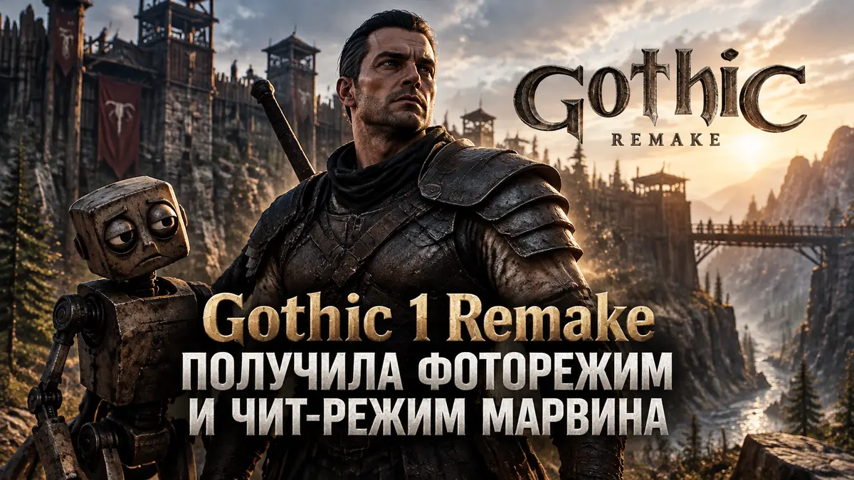 Безымянный герой Gothic 1 Remake в доспехах на фоне Колонии и логотипа игры, рядом унылый робот Марвин