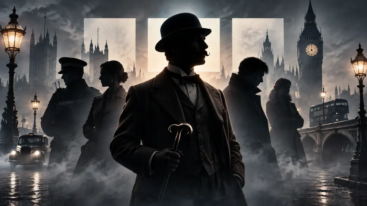 Молодой Эркюль Пуаро в центре, вокруг детективы сериалов BBC на фоне туманного Лондона и логотипа BBC