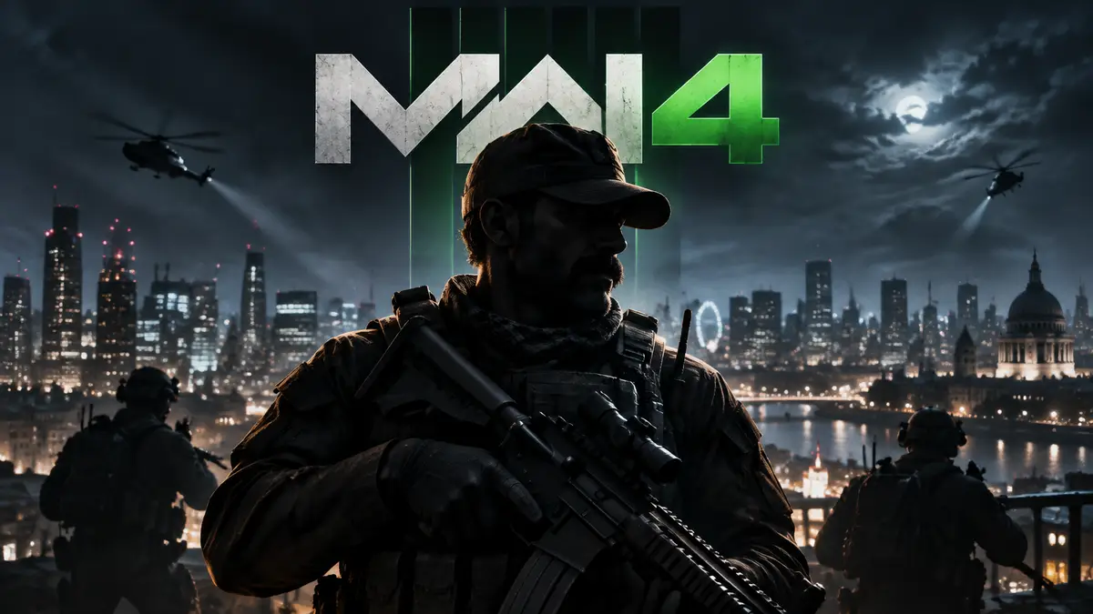 Капитан Прайс с усами и в кепке на фоне ночного города, логотип Call of Duty: Modern Warfare 4 сверху