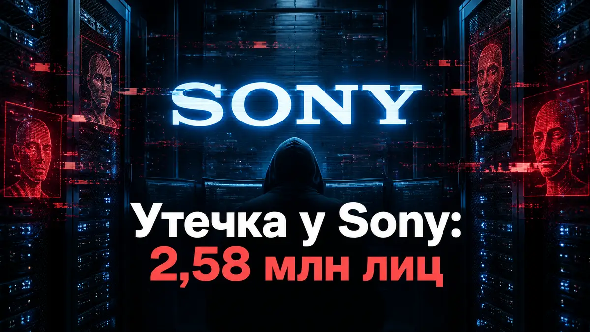 Светящийся логотип Sony на тёмном фоне серверной стойки с цифровыми помехами