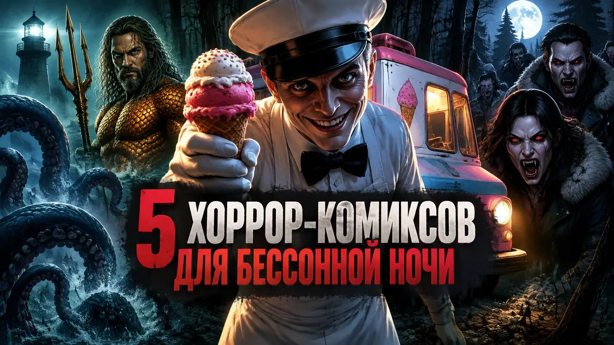 Зловещий мороженщик у яркого фургона в тёмном лесу, позади Аквамен и вампиры — постер хоррор-комиксов