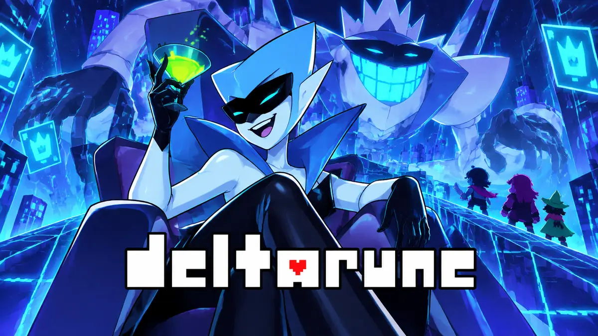 Королева из Deltarune в лазурной шапке с бокалом кислоты на фоне неонового Cyber World и меха GIGA Queen