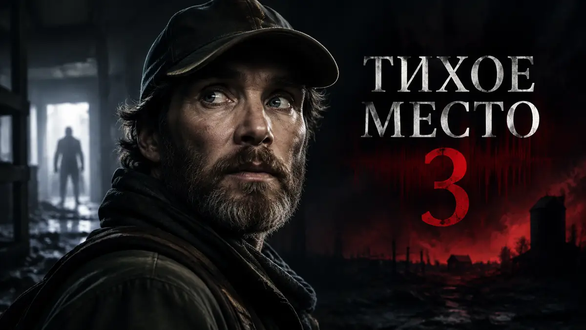 Киллиан Мерфи с бородой и в кепке в тёмном зале, постер хоррора «Тихое место 3» в мрачных тонах