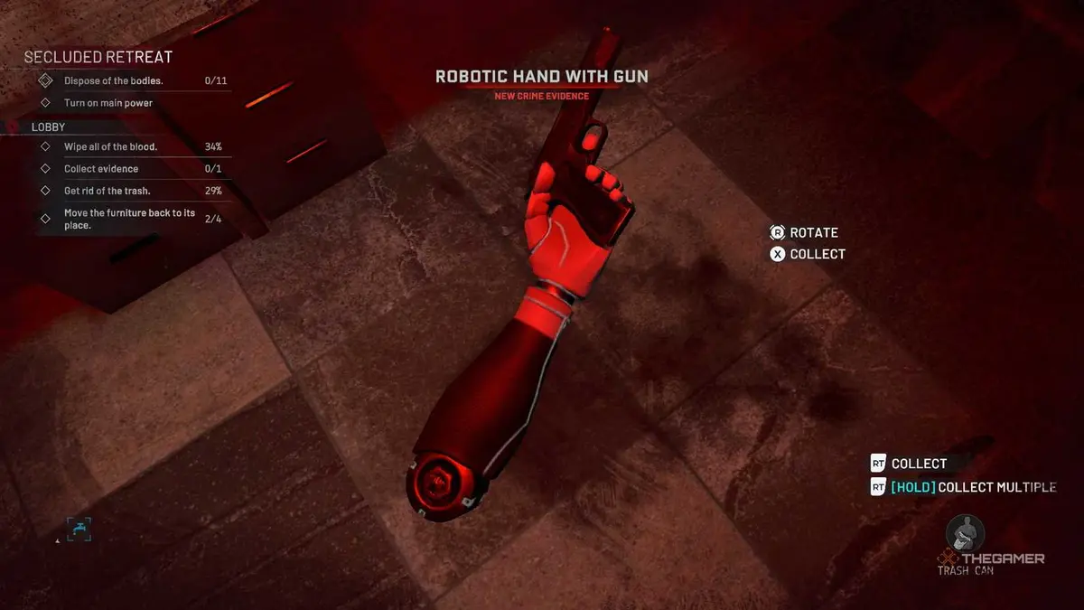 Crime Scene Cleaner robotic arm evidence with a gun.