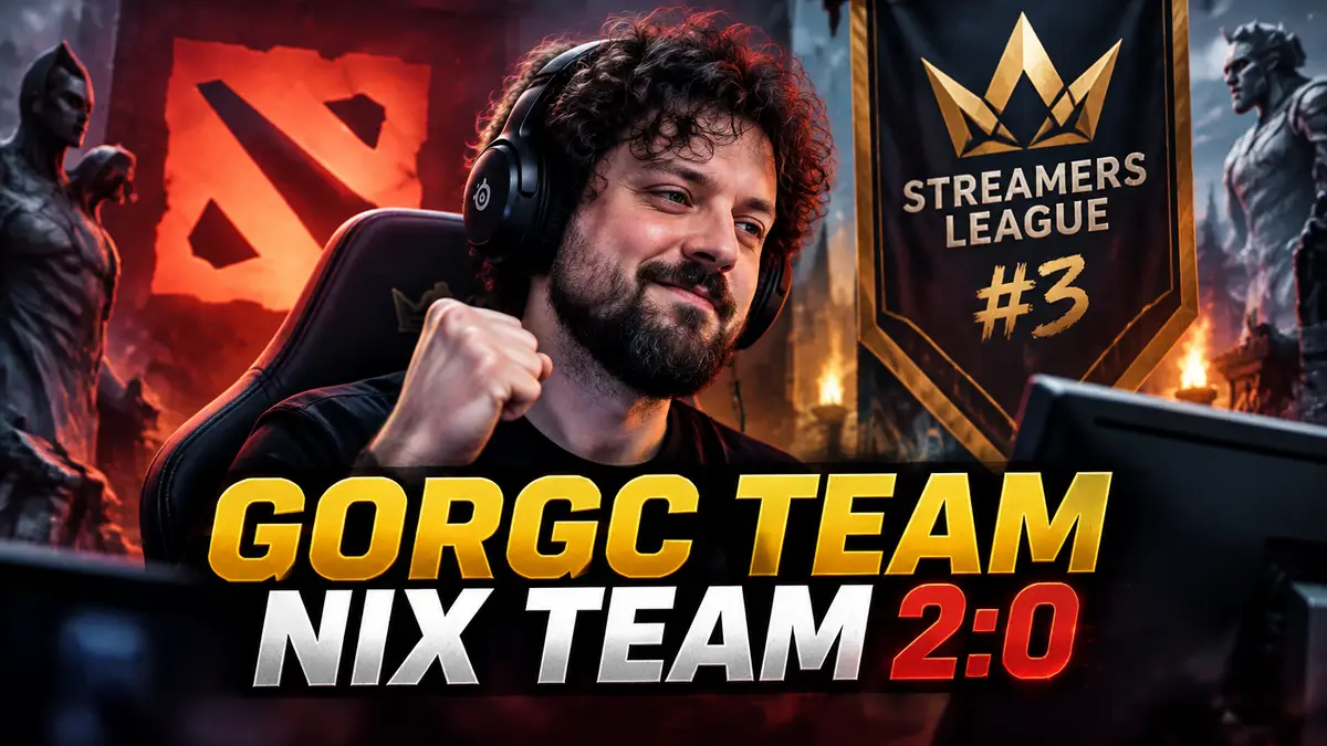 Стример Gorgc за игровым ПК на фоне логотипа Dota 2, постер турнира Streamers League #3 по Dota 2