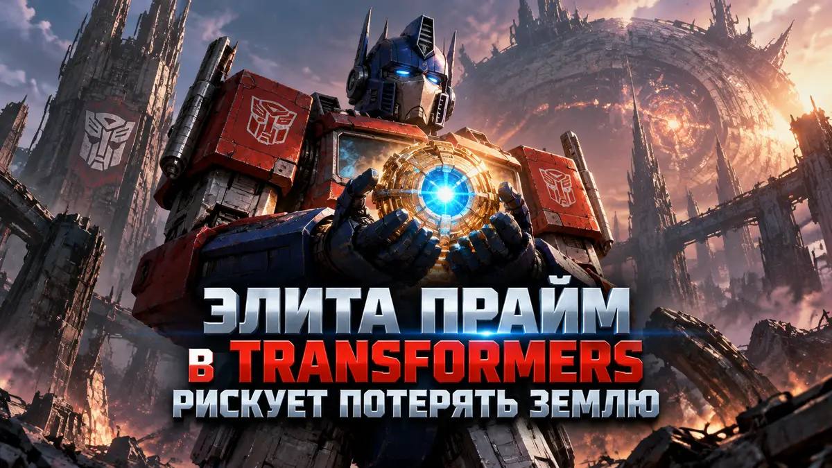 Элита Прайм из комикса Transformers с сияющей Матрицей Лидерства на фоне руин Кибертрона