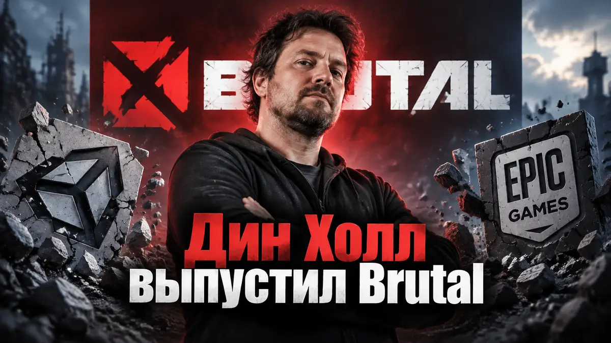 Дин Холл, автор DayZ, на фоне логотипа фреймворка Brutal и разбитых эмблем игровых движков