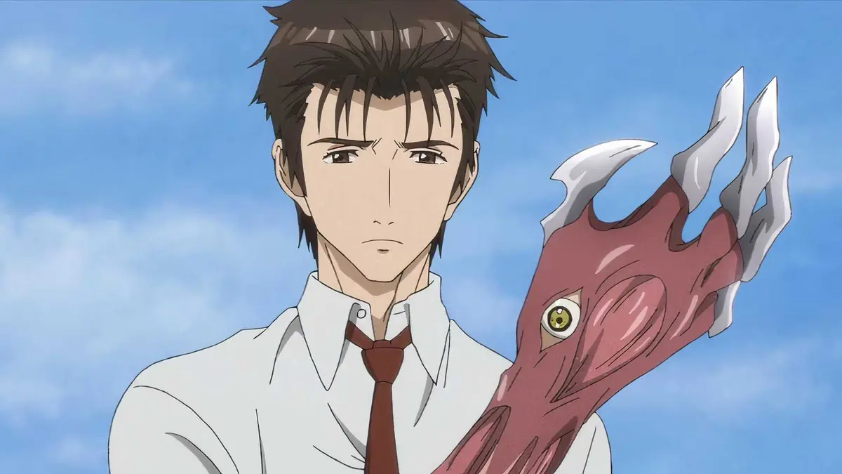 Shinichi looks at his transformed arm that Migi has taken over in Parasyte -the maxim-.