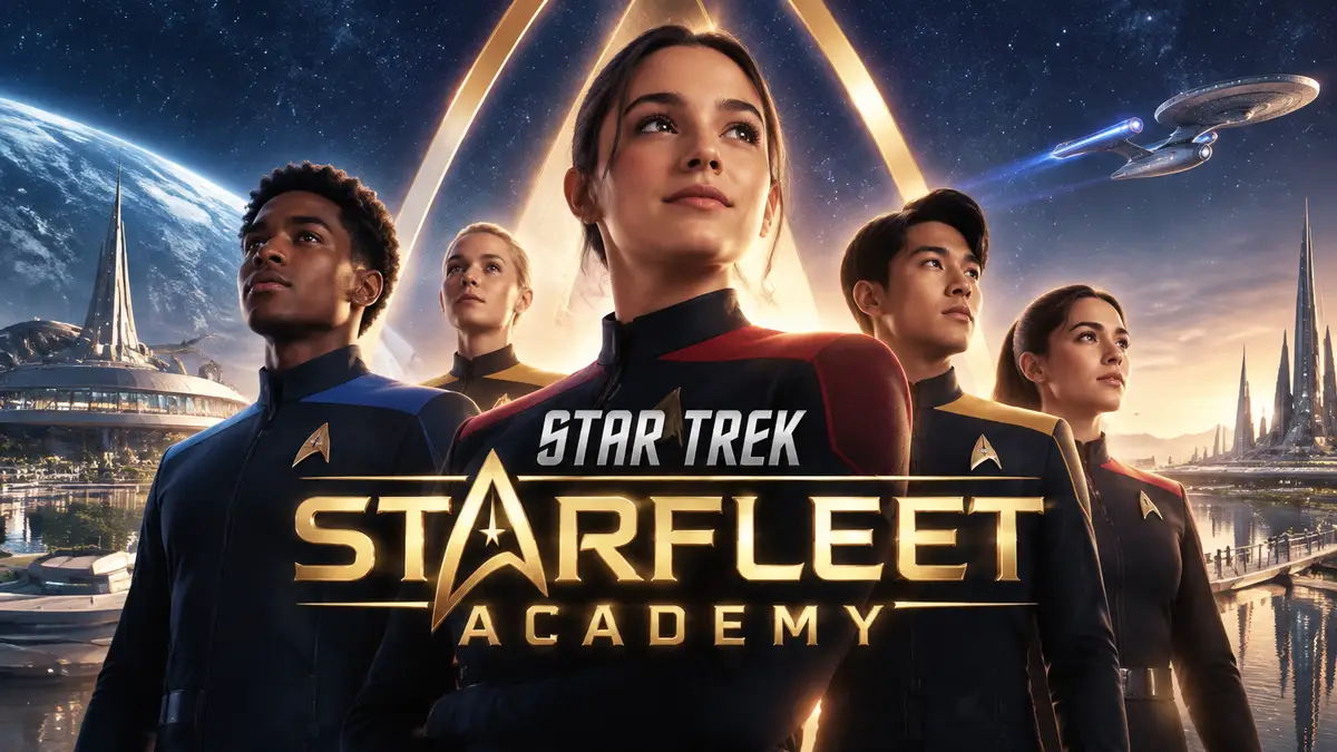 Курсанты академии на фоне логотипа Star Trek: Starfleet Academy в стилистике постера