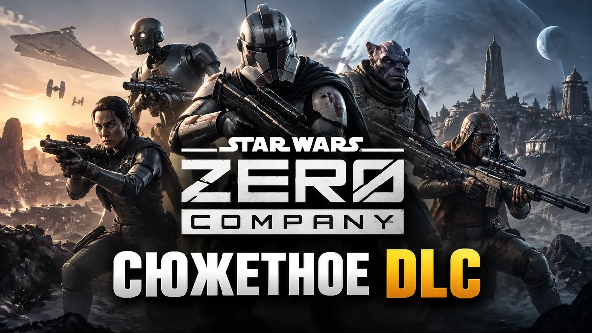 Отряд бойцов Star Wars: Zero Company с бластерами на фоне далёкой планеты и логотипа Звёздных войн
