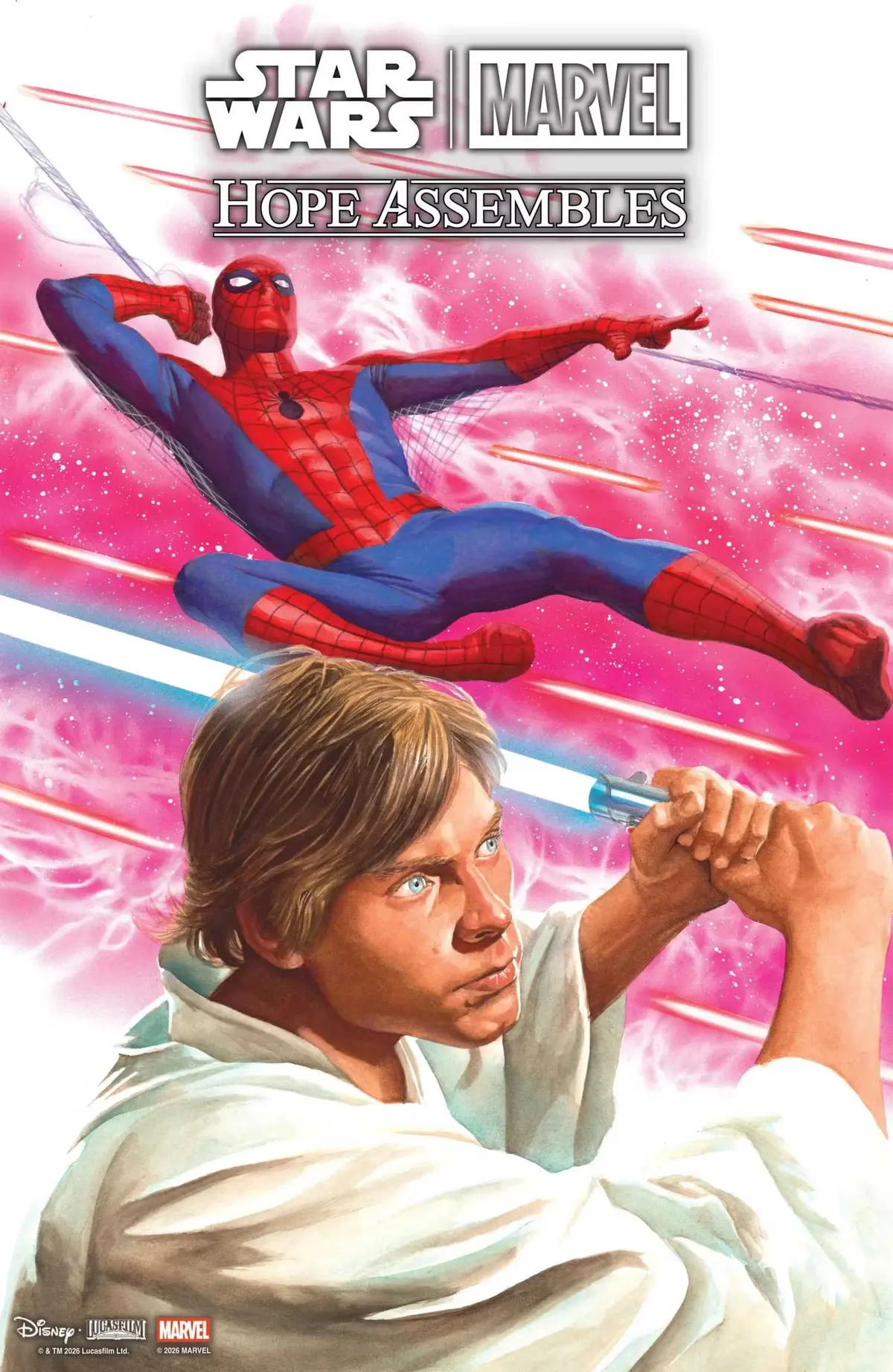 Spider-Man and Luke Skywalker leaping into battle alongside one another