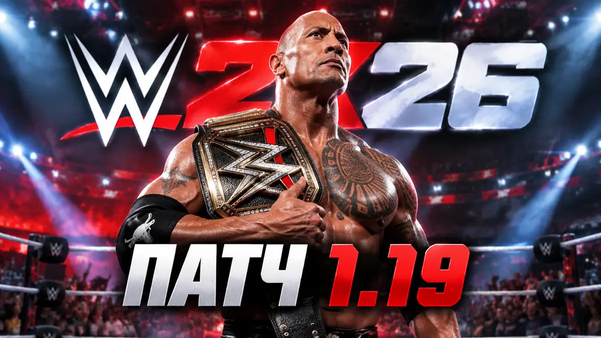Реслер на ринге с чемпионским поясом на фоне логотипа WWE 2K26 со светом прожекторов
