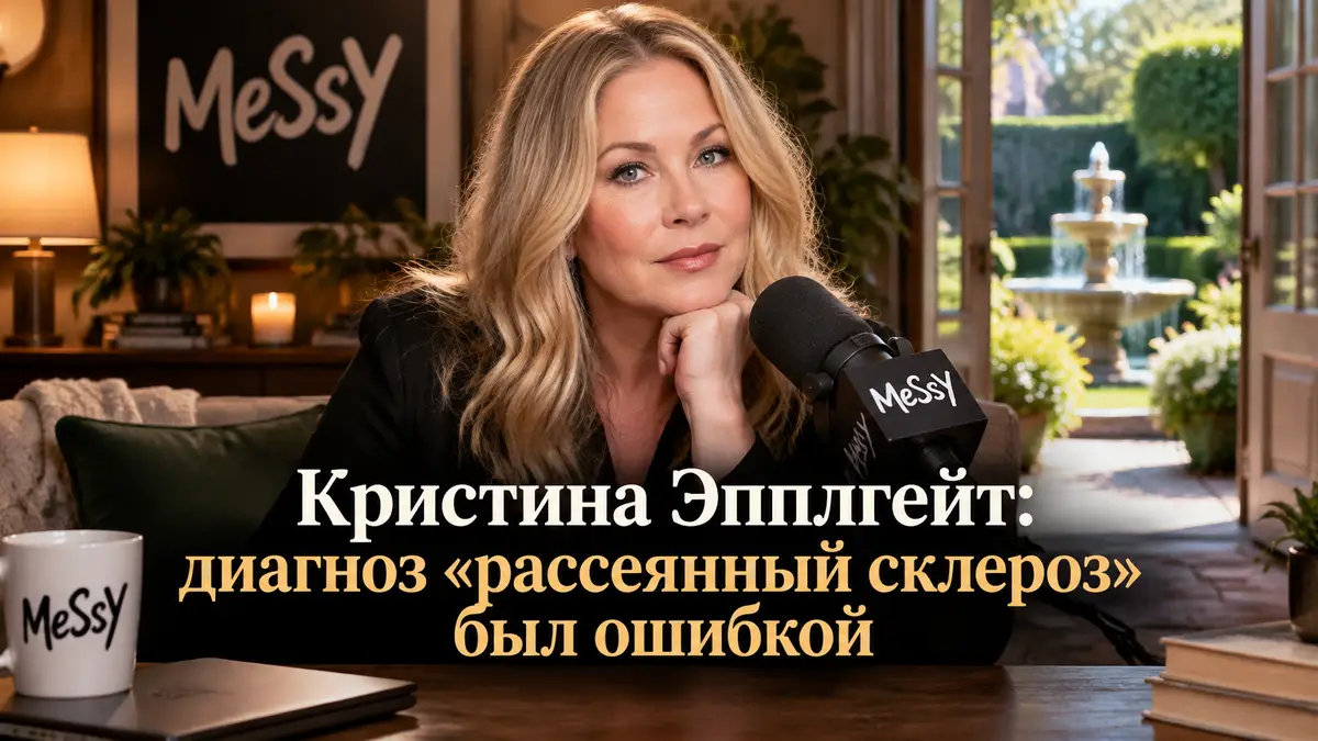 Кристина Эпплгейт у микрофона подкаста MeSsY в уютной комнате, за открытой дверью сад с фонтаном