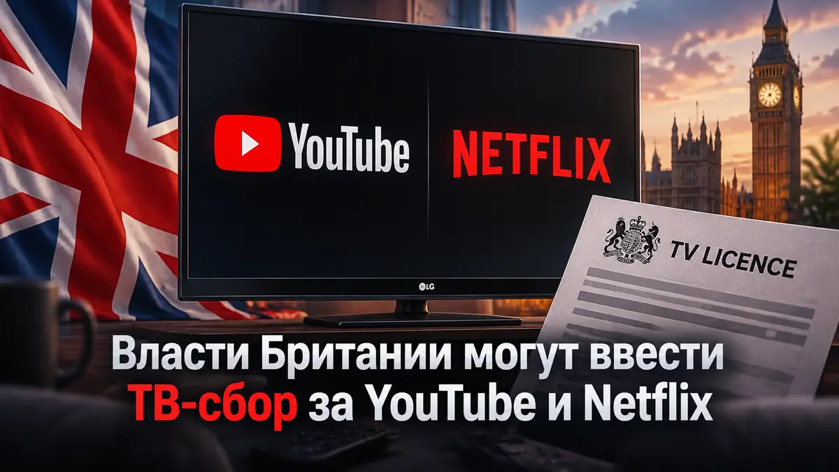 Телевизор LG с логотипами YouTube и Netflix на экране, британский флаг и квитанция ТВ-лицензии