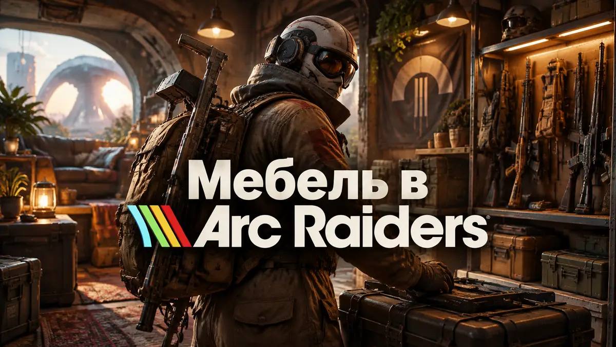 Рейдер Arc Raiders в уютном аванпосте с полками и оружейными стойками, заставленными снаряжением