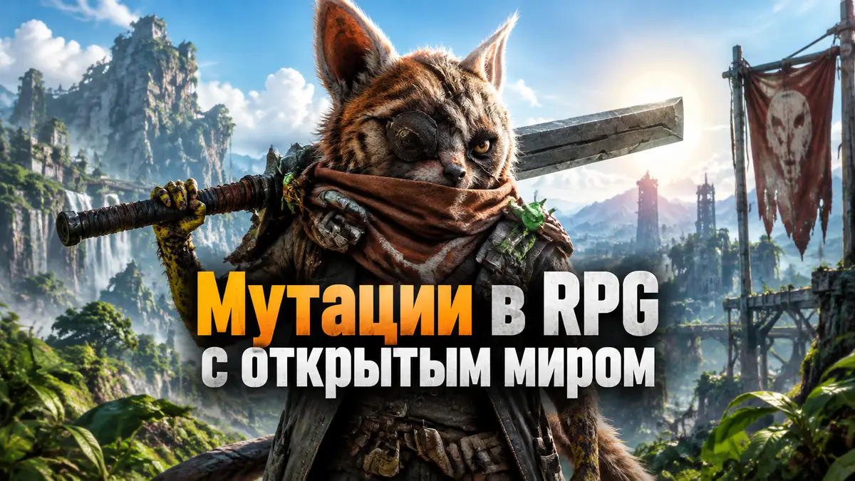 Пушистый зверёк-мутант из Biomutant с мечом на фоне постапокалиптического открытого мира RPG