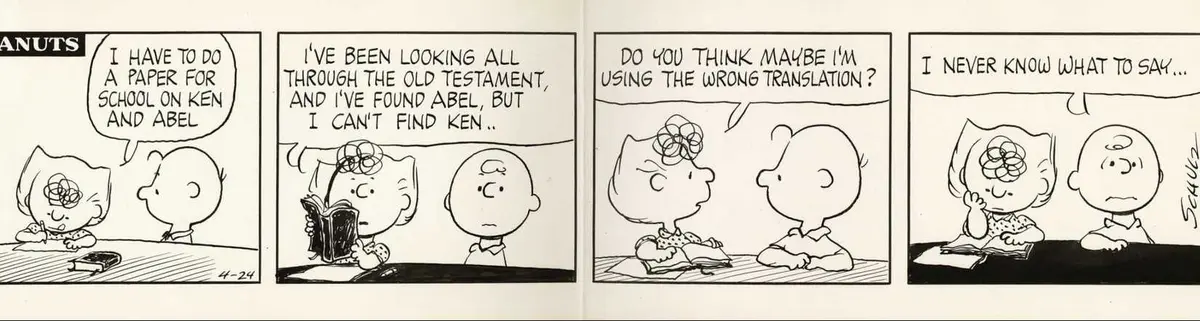 Sally working on a Bible book report with Charlie Brown