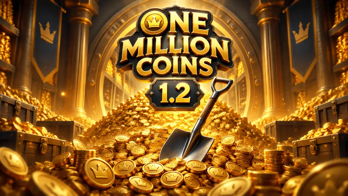 Гора золотых монет в сияющем хранилище и лопата в центре, логотип One Million Coins над ними
