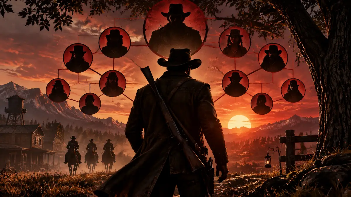 Ковбой Артур Морган в шляпе на фоне дерева иерархии банд в стиле Red Dead Redemption 2 с системой Nemesis