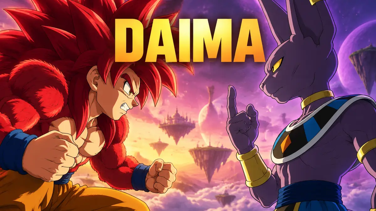 Гоку в форме Super Saiyan 4 с красной шерстью напротив бога разрушения Бируса, стиль Dragon Ball DAIMA