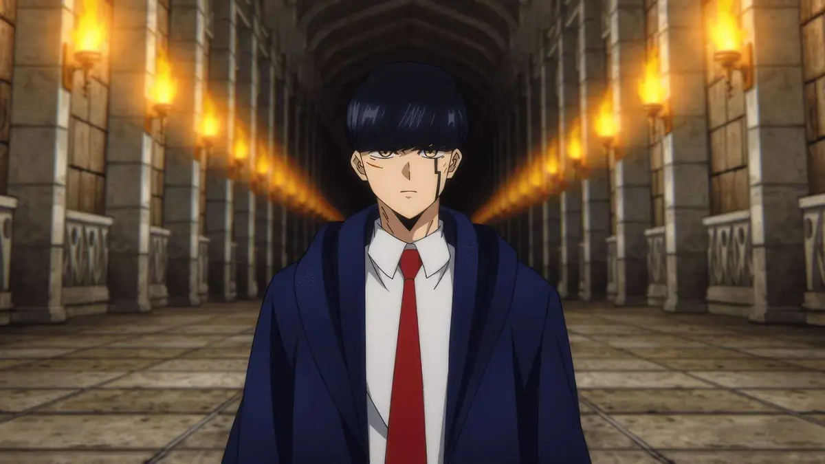 Mash stands in the halls of Easton Magic Academy in Mashle