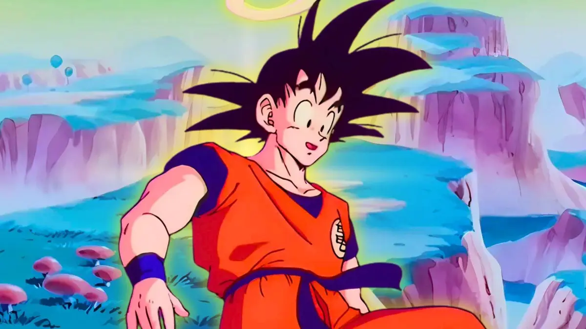 Goku with a halo floating above Namek