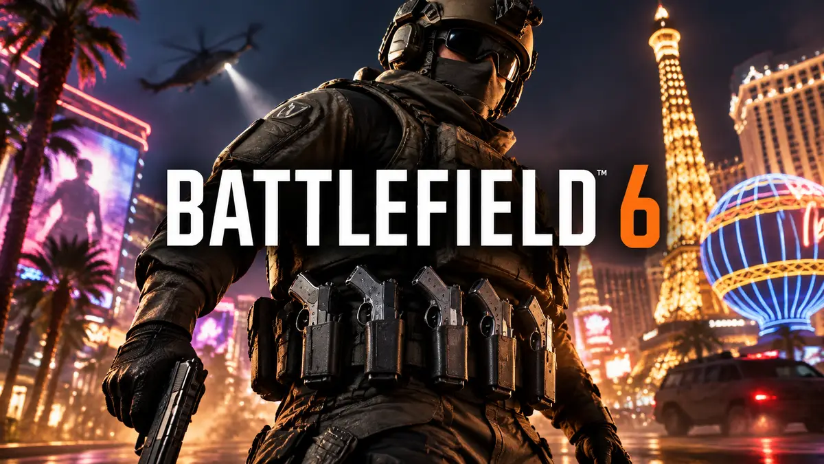 Боец с пятью пистолетами на поясе на фоне неонового Лас-Вегаса и логотипа Battlefield 6