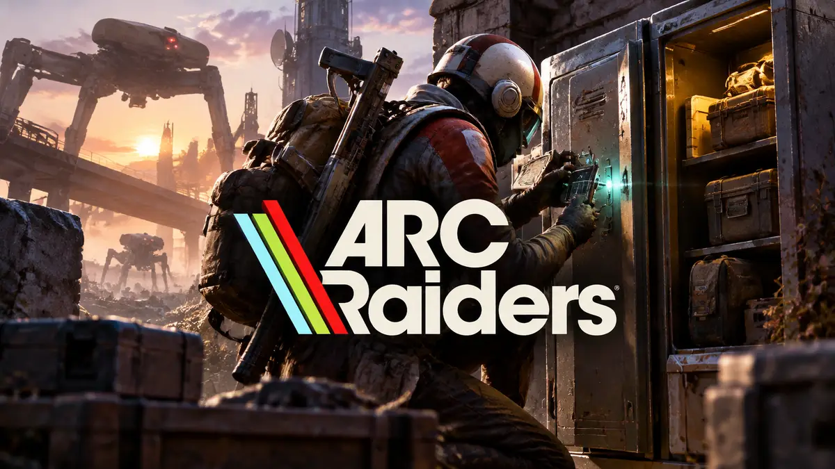 Рейдер ARC Raiders взламывает защищённый шкафчик Security Locker в руинах промзоны, роботы ARC вдали