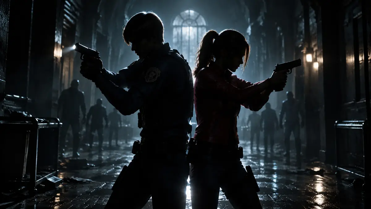 Леон Кеннеди и Клэр Редфилд спина к спине в темном коридоре Resident Evil 2 постер