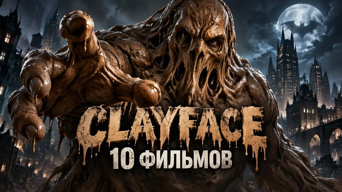 Постер Clayface: глиняный монстр Мэтт Хейген с текучим лицом на фоне ночного Готэма, стиль боди-хоррора