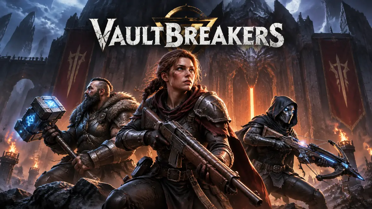Отряд из трёх героев Vaultbreakers с оружием у ворот тёмной крепости Dragonvault, логотип игры сверху