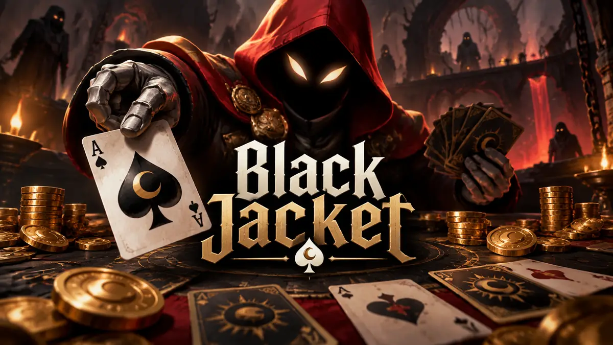 Карты и монеты на игровом столе в мрачном подземном мире карточной игры Black Jacket
