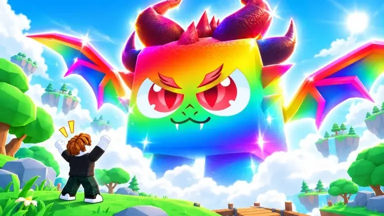 Artwork for the Roblox game Tap Simulator Reborn showing a Roblox character next to a huge, cute creature that looks like a cross between a rainbow coloured dragon and a cube.