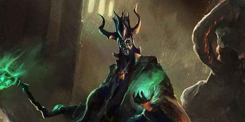 An Acererak is using magic, holding a glowing green ball in his hand and emitting another light from the staff he is holding in Dungeons and Dragons.