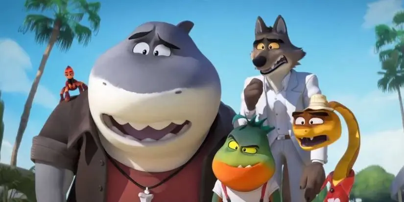 The characters from The Bad Guys stand together and look shocked and cringing.