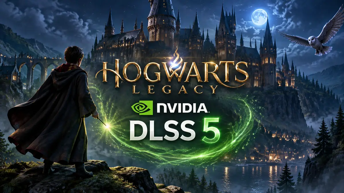 Замок Хогвартс в ночном свете с волшебным сиянием и логотипом NVIDIA DLSS 5 в стиле постера Hogwarts Legacy