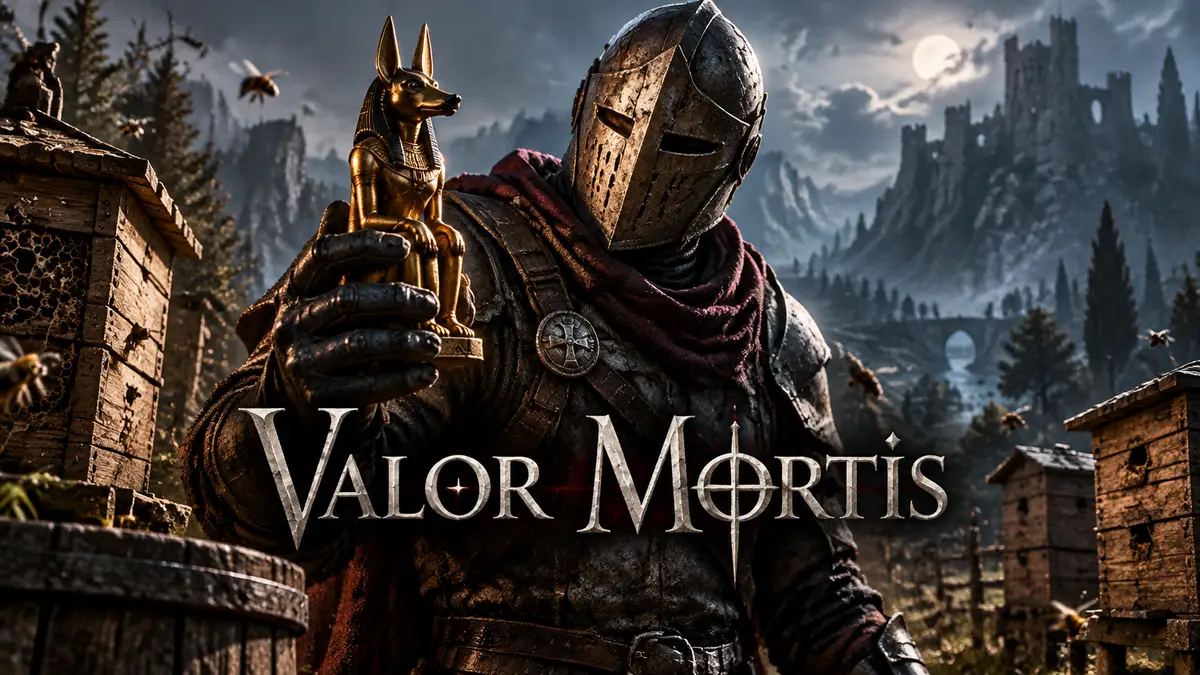 Рыцарь Уильям из Valor Mortis держит золотую фигурку Анубиса у пчелиных ульев в мрачной долине