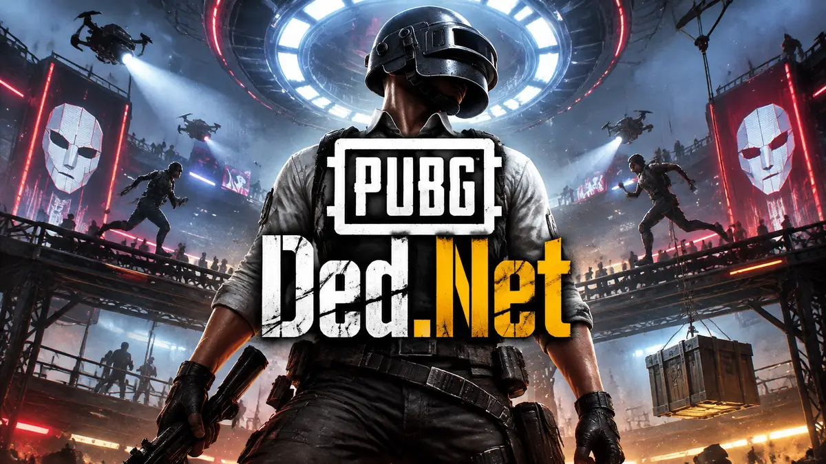 Постер новой королевской битвы PUBG Ded.Net с логотипом игры и футуристичной ареной