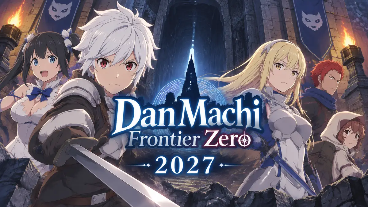 Герои аниме DanMachi у входа в подземелье и логотип игры DanMachi Frontier Zero в центре постера