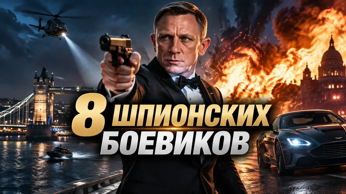 Шпион в смокинге с пистолетом на фоне ночного города и взрывов, постер подборки шпионских боевиков