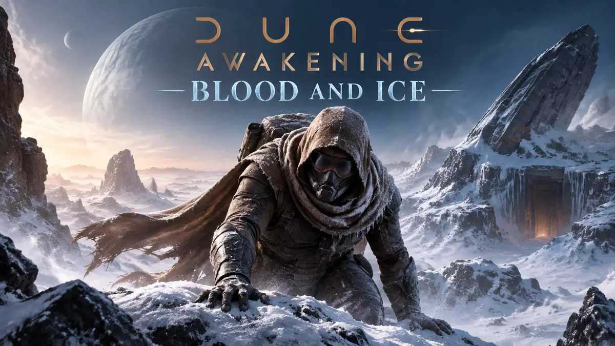 Выживший в дистикомбе посреди заснеженной Полярной Бездны в Dune: Awakening