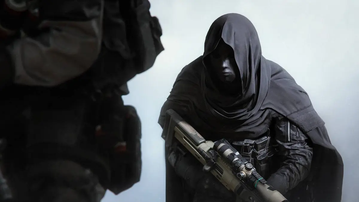 A masked player sneaking up behind an enemy in DMZ.