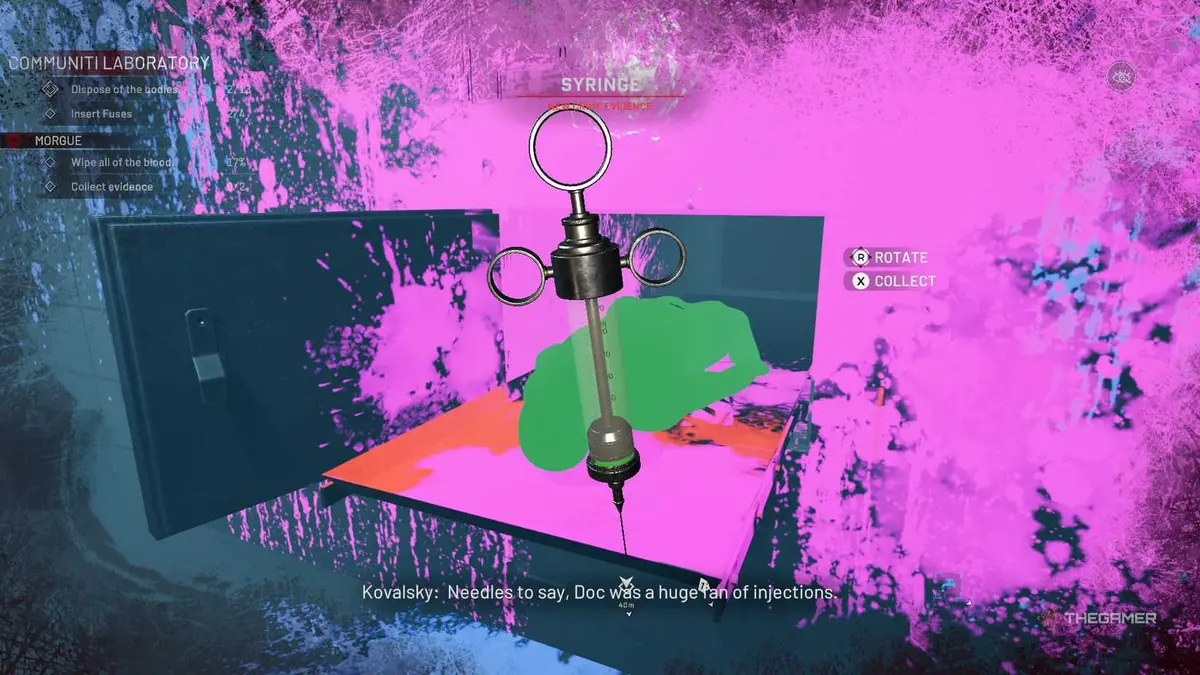 Crime Scene Cleaner syringe with colorful background.