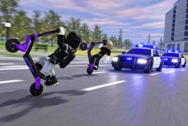 Artwork for the Roblox game Kukirin Life showing two characters on electric scooters being chased by police.