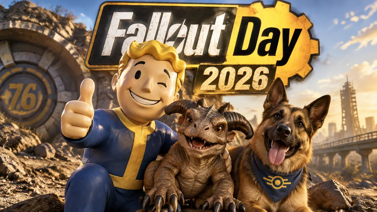 Vault Boy с поднятым большим пальцем рядом с детёнышем Deathclaw и собакой на фоне логотипа Fallout Day